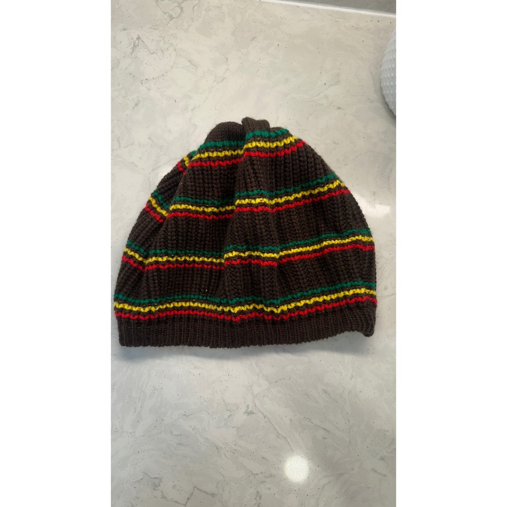 Rasta Striped Knit Beanie Brown Red Yellow Green Slouchy Boho Skull Cap Hat